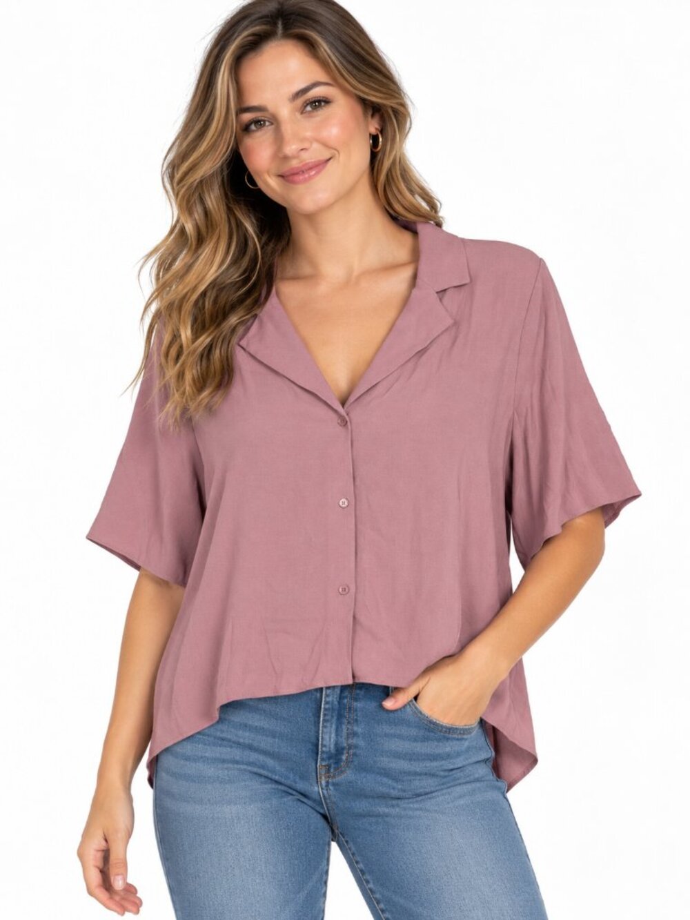 NWT Wilfred Free Aritzia Blouse Mauve Short Sleeve Button Up Size XL